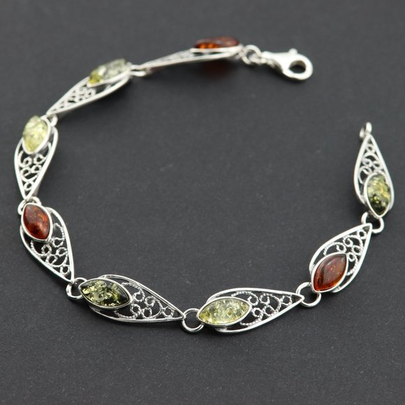 Sterling silver and natural Baltic amber link bracelet - Picture 2 of 13